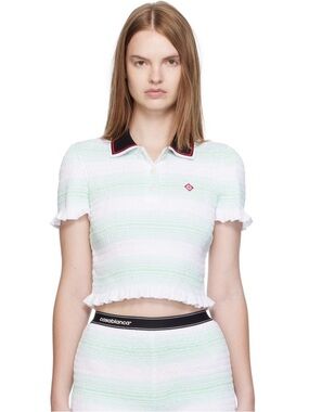 Pastel Green and White Striped Polo Crop Top with Contrast Collar